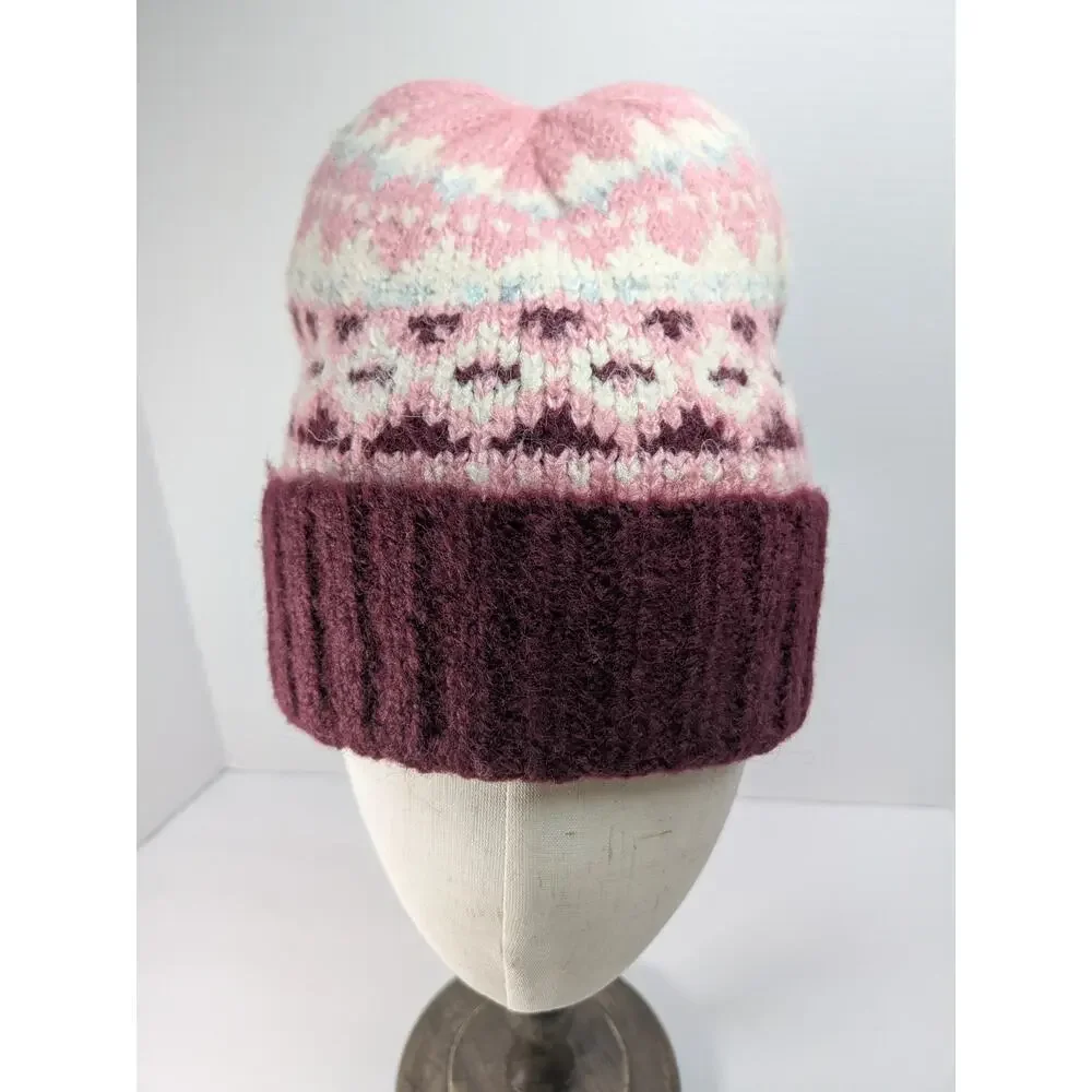 Vince Camuto Knit Brushed Fair Isle Beanie Color Wine‎ Winter Cold Weather Hat